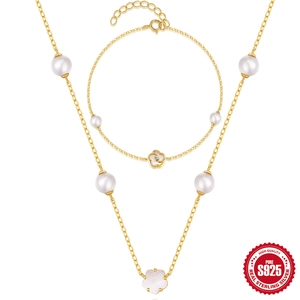 Collana E Bracciale Elegante Con Fiori Per Donna In Argento Sterling 925 Conchiglia Bianca Perla Artificial E Zircone Placcato Oro