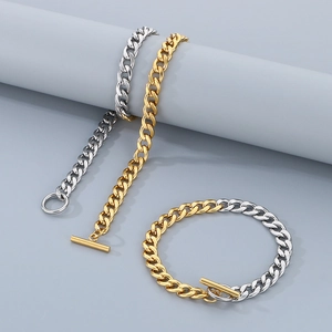 Men Stainless Steel Necklace And Bracelet Two-Tone Gold Silver Cuban Link Chain Hip Hop Jewelry Accessories OT Buckle Fashionable