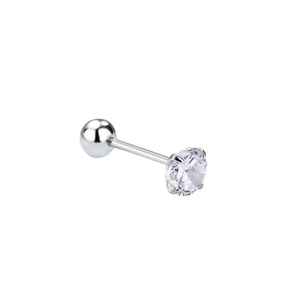 Macro shot of 925 sterling silver stud earring with shiny zircon and screw ball back