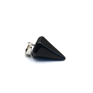Polished black obsidian hexagonal cone pendant with a metallic silver clasp detail