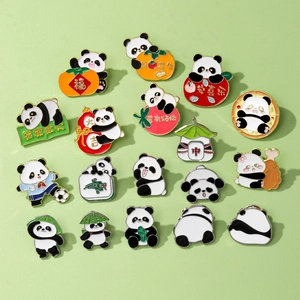Macro shot of 18 cartoon panda enamel pins featuring Chinese cultural motifs and sports