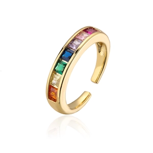 Detail of 18K gold-plated open ring with seven colorful square-cut zircon stones