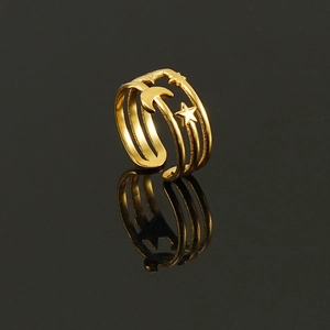 Three-layer 18K gold-plated stainless steel open ring with moon and star celestial design