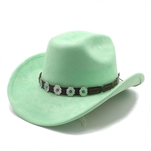 Mint green faux suede jazz fedora hat with ethnic style leather band and silver ornaments