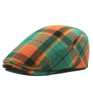 Classic British ivy cap with green and orange plaid pattern for outdoor casual wear