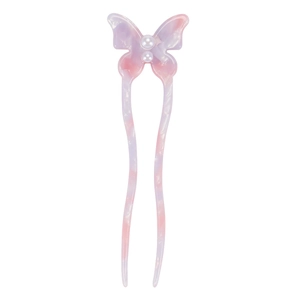 Elegant U-shaped acetate hair pin with pink marble butterfly and pearl accents