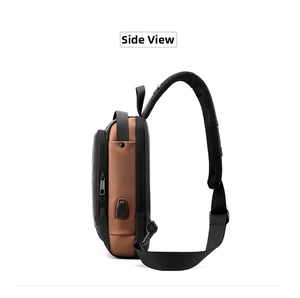 Side view of waterproof chest bag featuring a built-in USB charging port and mesh strap
