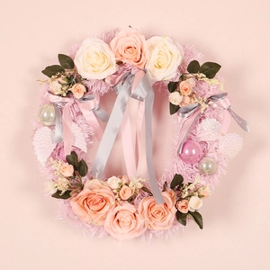 Pink Artificial Rose Flower Wreath Romantic Wedding Front Door Decoration Christmas Party PVC Ornament With Ribbons