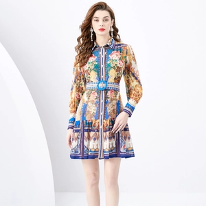 Vintage Floral Print Mini Shirt Dress Long Sleeve Baroque Style Lapel Belted Polyester Elegant Women Short Dress