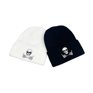 Winter knitted skull hand embroidered beanies in black and white street style