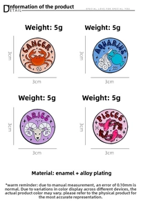 Detail of four zodiac enamel pins showing Cancer, Aquarius, Aries, and Pisces designs