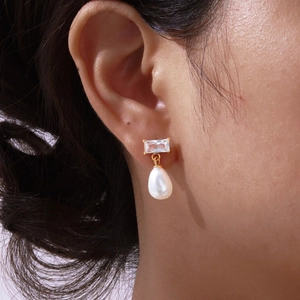Gold stainless steel drop earrings with rectangle zircon and white teardrop pearl