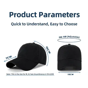 Size chart for black adjustable cotton baseball cap in M and XL sizes with measurements