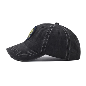 Vintage washed cotton baseball cap in dark grey with yellow smile patch and white stitching