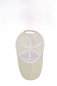 Detail view of breathable beige mesh baseball cap with reinforced inner white support straps