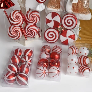Christmas red and white lollipop ornament set with decorative balls in clear gift boxes