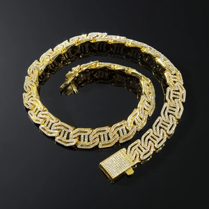 Hip-hop gold plated Cuban link chain necklace with iced-out paved rhinestones and H-letter