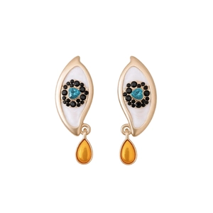 Vintage evil eye earrings with blue heart stone and yellow teardrop pendant