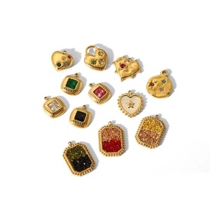 Golden stainless steel geometric heart and square pendants with colorful zircon crystals