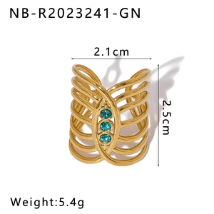 Detail view of 18K gold plated ring with triple green zircon inlay and size dimensions