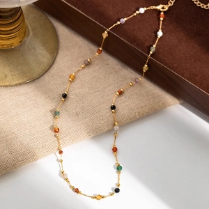 Colorful Natural Stone Clavicle Necklace 18K Gold Plated Brass Thin Chain Minimalist Jewelry For Women
