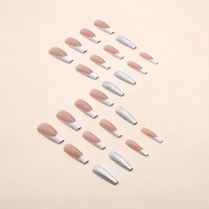 Long ballet white French press-on nails with silver glitter on nude pink base