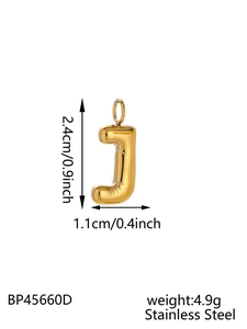 Detailed view of golden 14K plated letter J bubble pendant with size and weight info