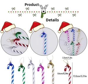 Detailed view of 13.5cm glitter candy cane ornaments in six metallic spiral colors