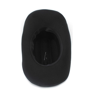 Overhead view showing the interior structure of a black wool felt western cowboy hat