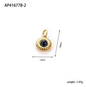 Detailed view of DIY golden flower pendant with round black natural stone and dimensions