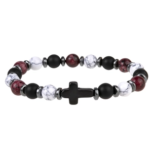 Detail of beaded bracelet with black matte stones, marble beads and a cross charm