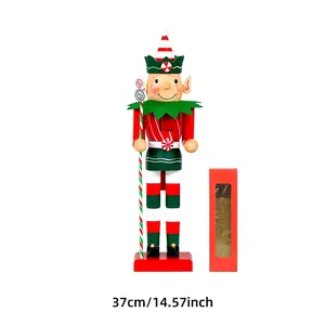 37cm tall wooden Christmas elf nutcracker soldier with candy staff and gift box decor
