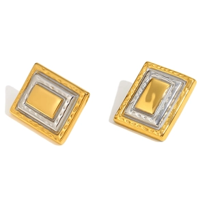 Geometric stacked frame earrings in 18K gold and silver tones with hammered texture