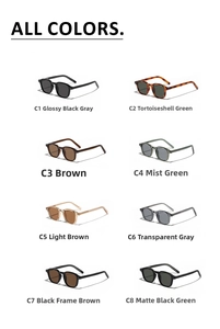 Matrix display of vintage TR90 sunglasses in eight assorted frame and lens colors
