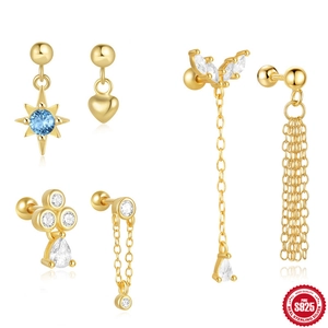 S925 Sterling Silver Blue Zirconia Star Heart Stud Earrings Fashion Minimalist Tassel Ball Screw Back Piercing Jewelry For Women
