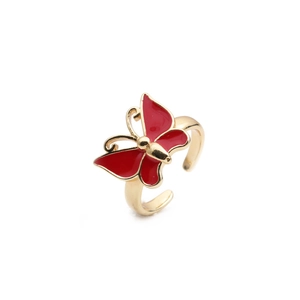 Adjustable gold butterfly open ring with vibrant red enamel and detailed metal finish