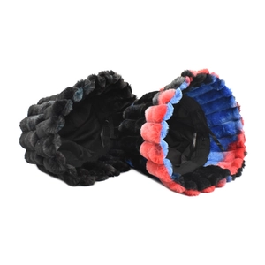 Plush faux fur bucket hat with wavy brim in rainbow tie-dye and solid black colors