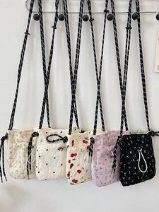 Mini Borsa A Tracolla Poliestere Testurizzato Fiori Ciliegie Coulisse Piccola Borsa A Spalla Per Cellulare Donne