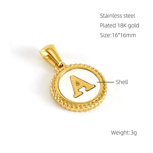 Detail view of 18K gold plated stainless steel letter A pendant with shell inlay