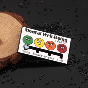 Detail of sliding mental health pin showing emotional check-in levels and status