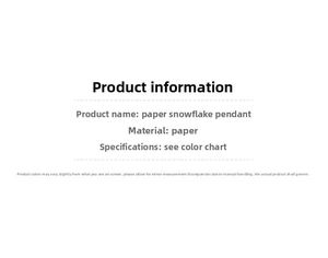 Specifications table for paper snowflake ornaments showing material details and sizes