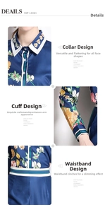 Detail view showing the contrast collar, buttoned cuffs, and striped waistband of the floral set