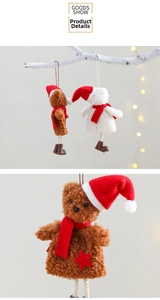 Detail of Christmas plush bear and snowman hanging ornaments with red hats and scarves