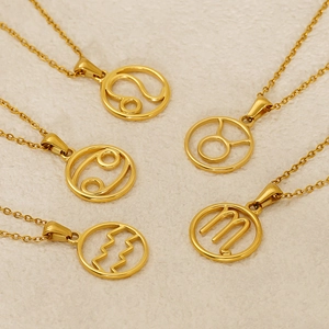 Set of five gold titanium steel necklaces featuring hollowed-out zodiac sign pendants