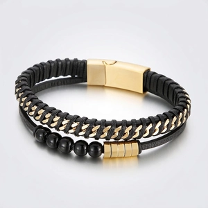 Men Multilayer Braided Leather Bracelet Stainless Steel Magnetic Clasp Punk Wrap Beads Wristband Jewelry Gift