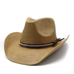 Classic light brown woven straw western cowboy hat with a dark brown leather band detail