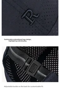 Detail of blue breathable mesh cap featuring embroidered R letter and adjustable strap