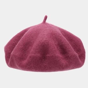 Detailed close-up of the thick wool felt texture and stem on the purple beret hat