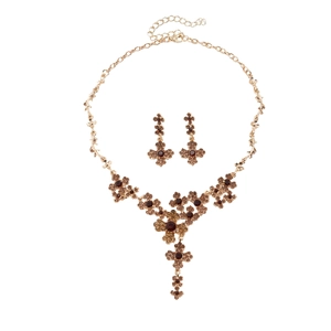 Vintage flower tassel necklace and earring set with dark red rhinestones in gold finish