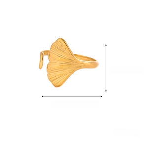 Detailed view of golden ginkgo leaf ring with size specifications and weight info